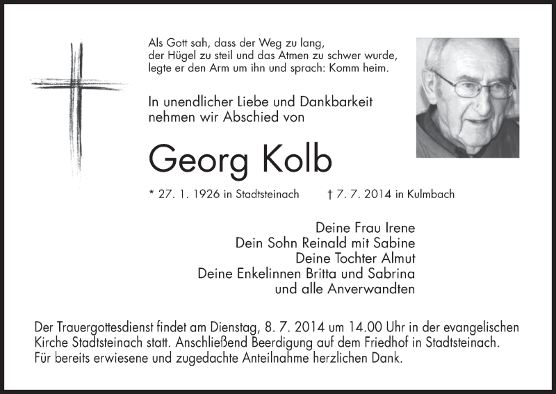  Traueranzeige für Georg Kolb vom 08.07.2014 aus MGO