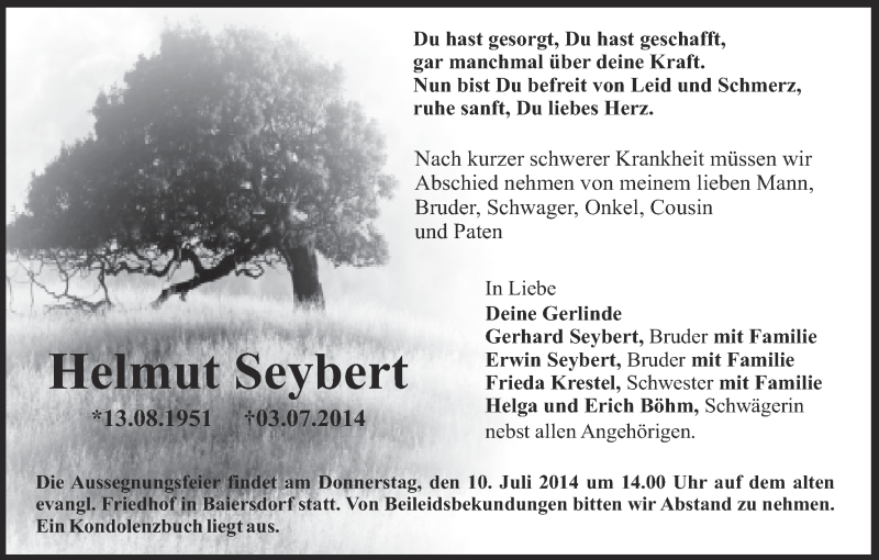 Traueranzeige für Helmut Seybert vom 08.07.2014 aus MGO