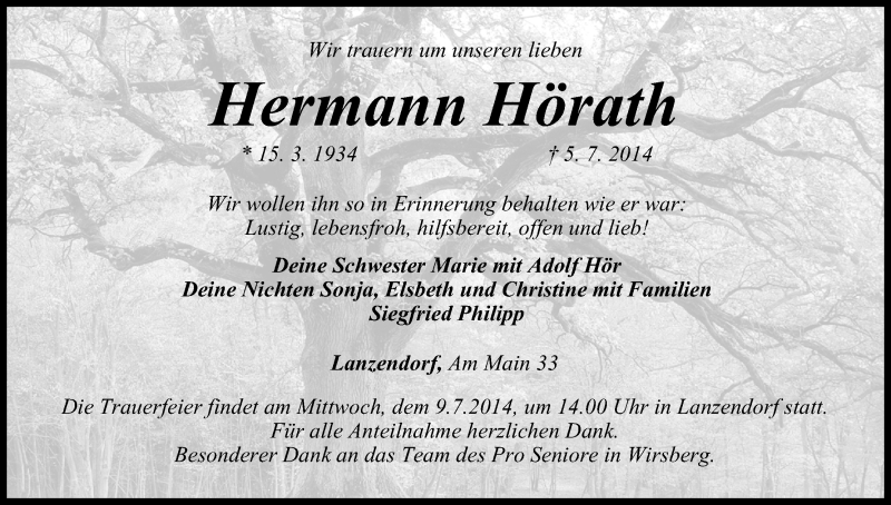  Traueranzeige für Hermann Hörath vom 08.07.2014 aus MGO
