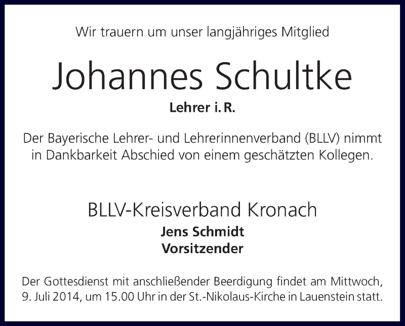  Traueranzeige für Johannes Schultke vom 08.07.2014 aus MGO
