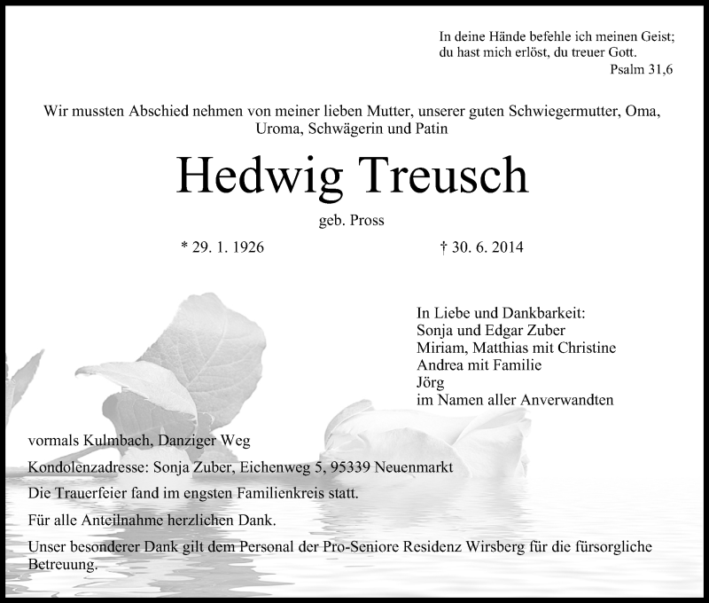  Traueranzeige für Hedwig Treusch vom 12.07.2014 aus MGO