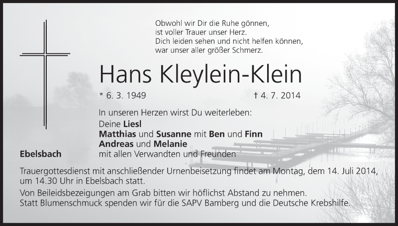  Traueranzeige für Hans Kleylein-Klein vom 10.07.2014 aus MGO