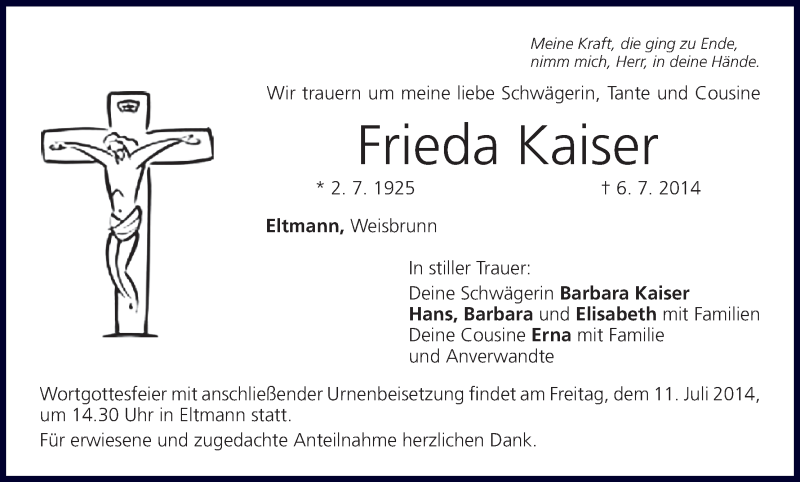  Traueranzeige für Frieda Kaiser vom 09.07.2014 aus MGO