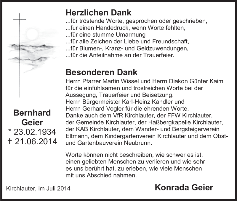 Traueranzeige für Bernhard Geier vom 12.07.2014 aus MGO