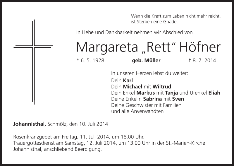  Traueranzeige für Margareta Höfner vom 10.07.2014 aus MGO
