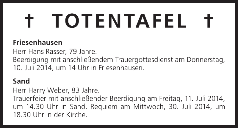  Traueranzeige für Totentafel vom 10.07.2014 vom 10.07.2014 aus MGO