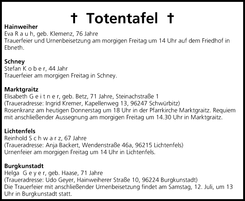  Traueranzeige für Totentafel vom 10.07.2014 vom 10.07.2014 aus MGO