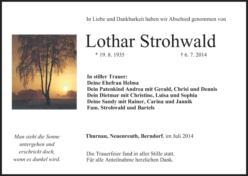 Traueranzeige für Lothar Strohwald vom 11.07.2014 aus MGO