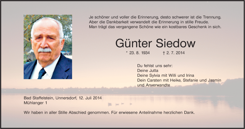  Traueranzeige für Günter Siedow vom 12.07.2014 aus MGO