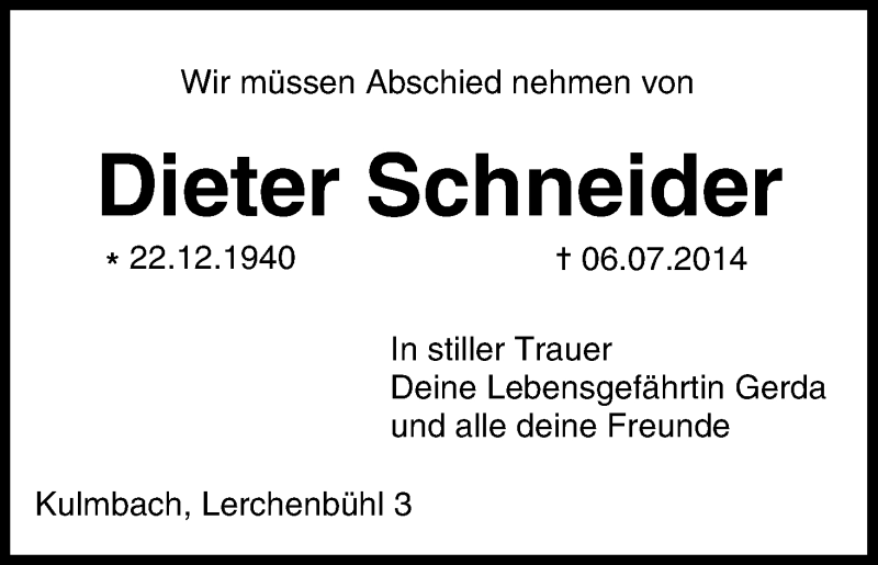 Traueranzeige für Dieter Schneider vom 10.07.2014 aus MGO