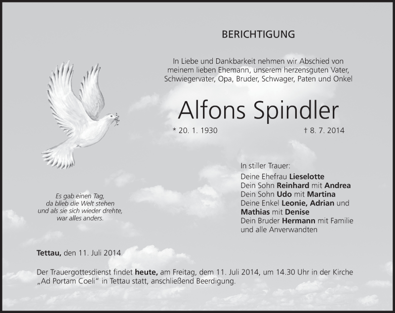  Traueranzeige für Alfons Spindler vom 11.07.2014 aus MGO