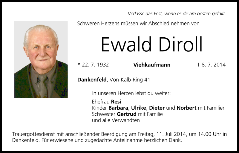  Traueranzeige für Ewald Diroll vom 10.07.2014 aus MGO