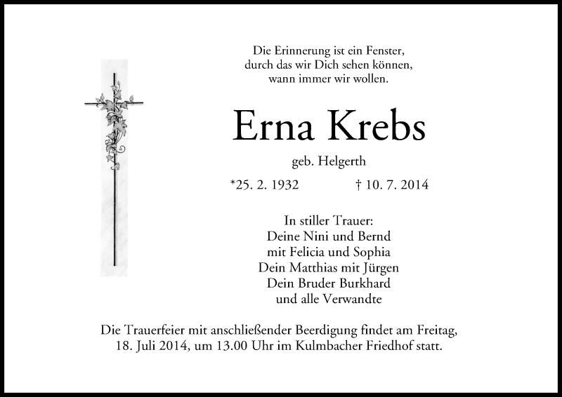  Traueranzeige für Erna Krebs vom 12.07.2014 aus MGO