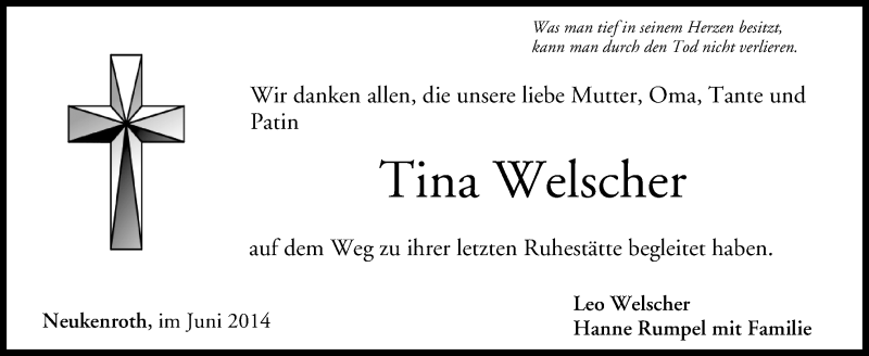  Traueranzeige für Tina Welscher vom 11.07.2014 aus MGO