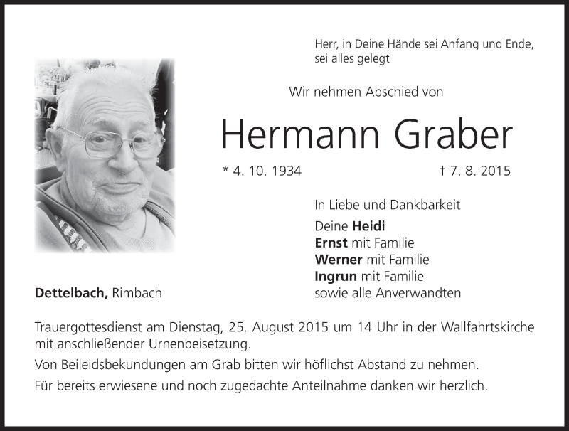 Traueranzeige für Hermann Graber vom 20.08.2015 aus MGO