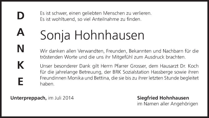  Traueranzeige für Sonja Hohnhausen vom 12.07.2014 aus MGO