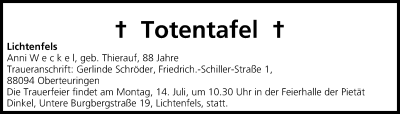  Traueranzeige für Totentafel vom 12.07.2014 vom 12.07.2014 aus MGO