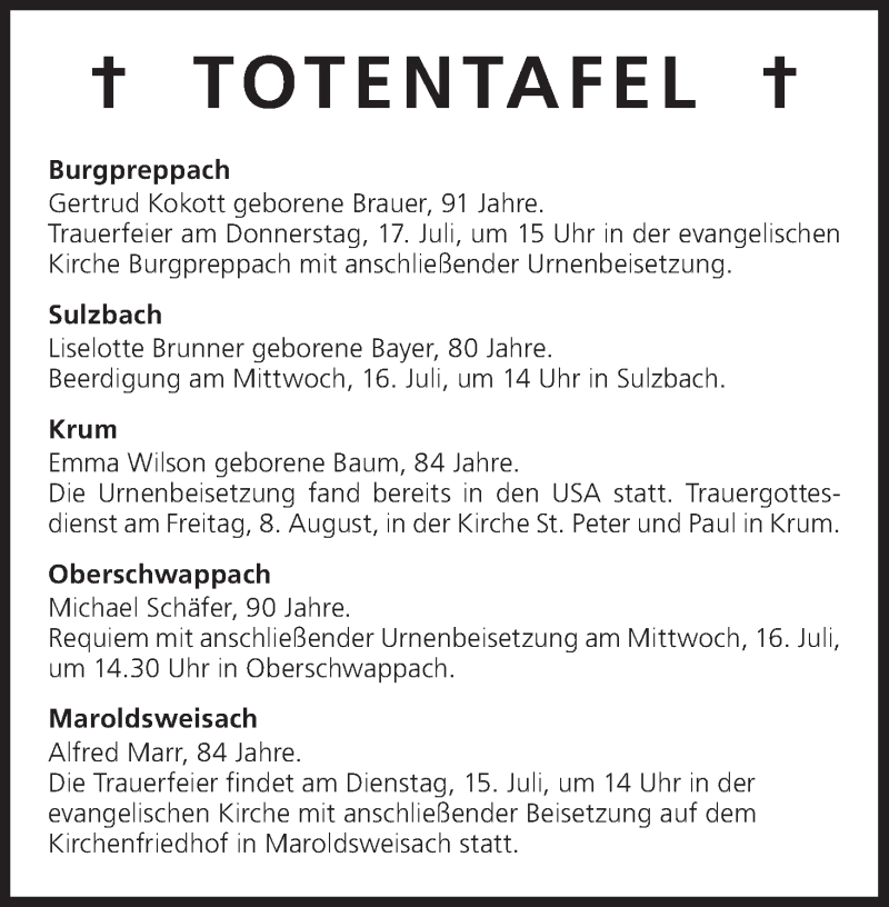  Traueranzeige für Totentafel vom 14.07.2014 vom 14.07.2014 aus MGO