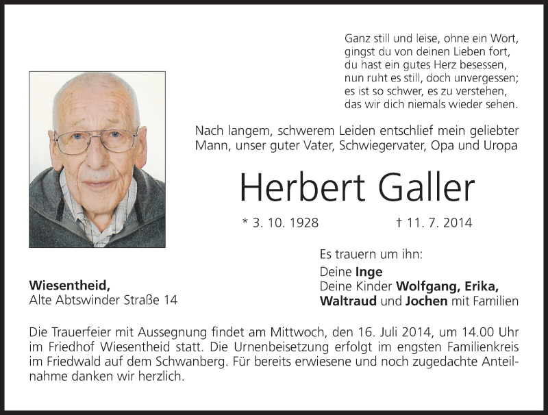  Traueranzeige für Herbert Galler vom 14.07.2014 aus MGO