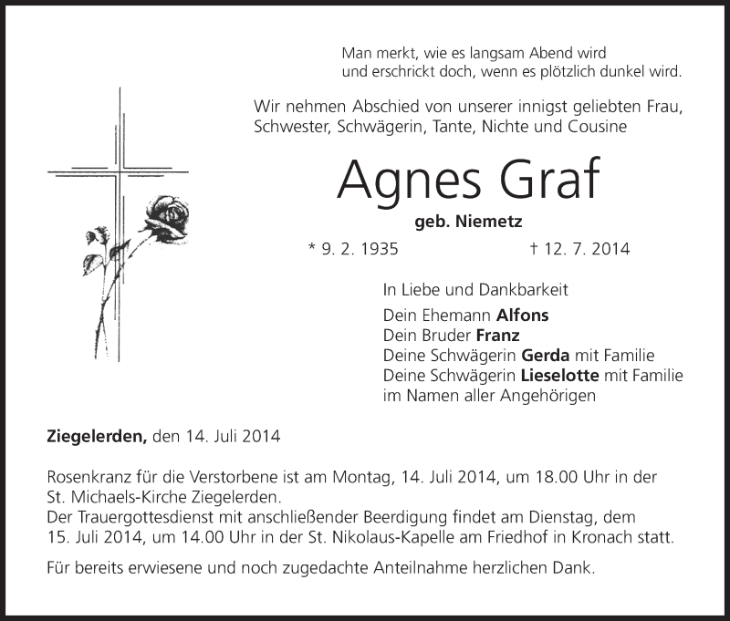  Traueranzeige für Agnes Graf vom 14.07.2014 aus MGO