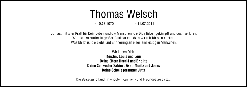  Traueranzeige für Thomas Welsch vom 16.07.2014 aus MGO