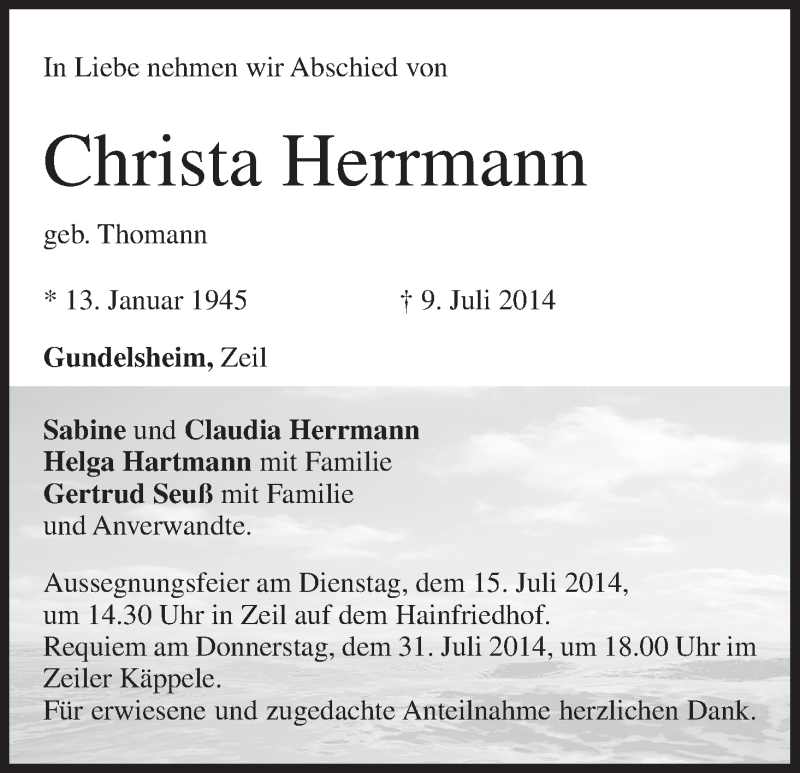  Traueranzeige für Christa Herrmann vom 12.07.2014 aus MGO