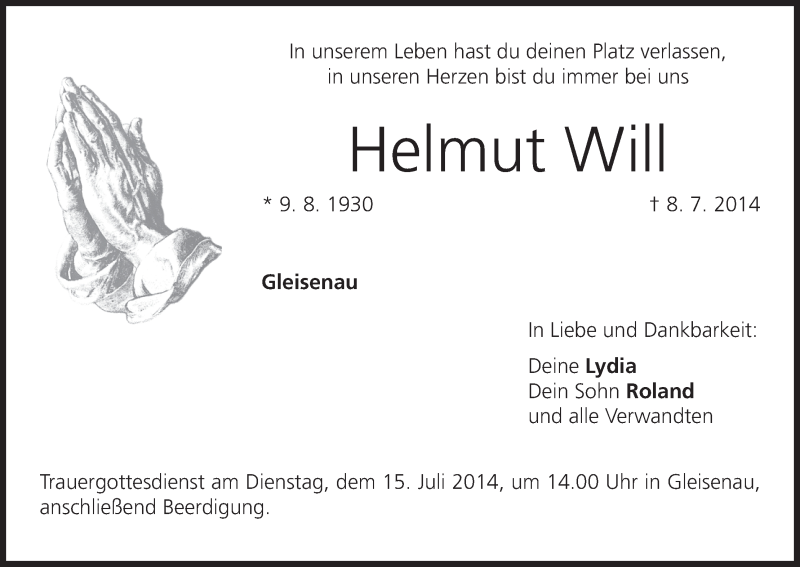  Traueranzeige für Helmut Will vom 12.07.2014 aus MGO