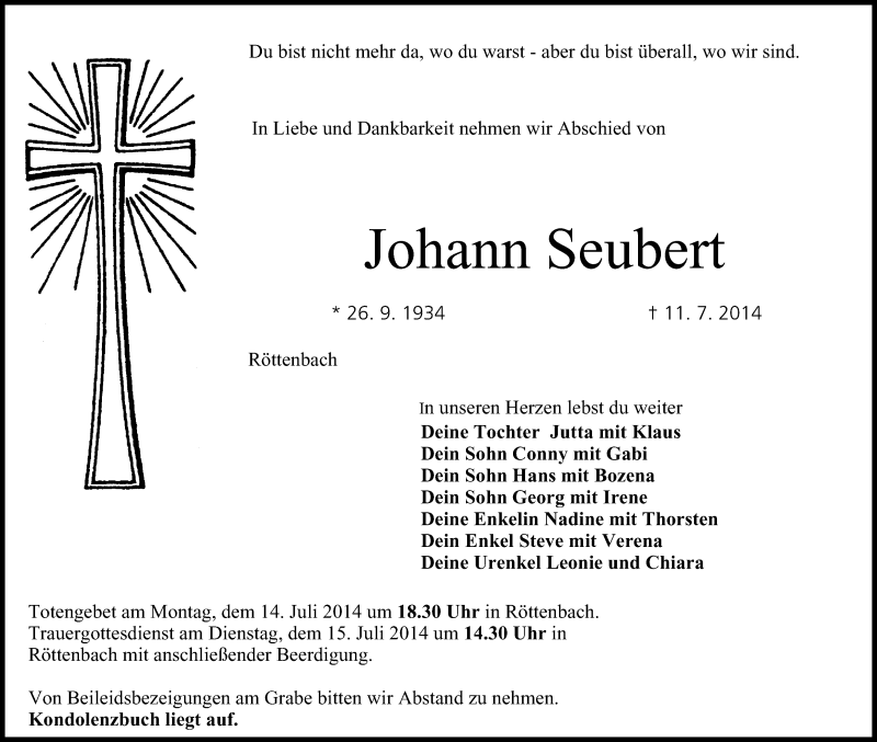  Traueranzeige für Johann Seubert vom 12.07.2014 aus MGO
