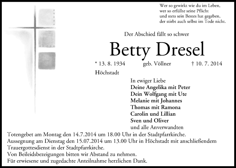  Traueranzeige für Betty Dresel vom 12.07.2014 aus MGO