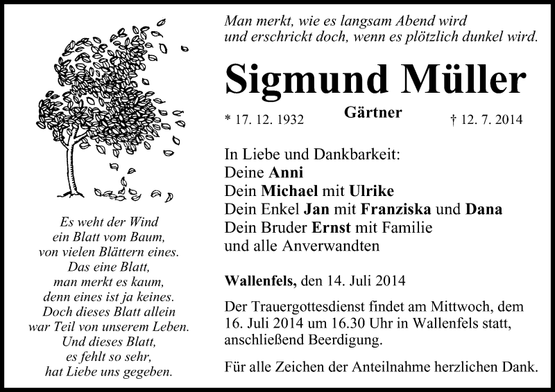  Traueranzeige für Sigmund Müller vom 14.07.2014 aus MGO