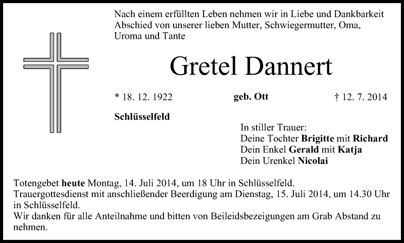  Traueranzeige für Gretel Dannert vom 14.07.2014 aus MGO
