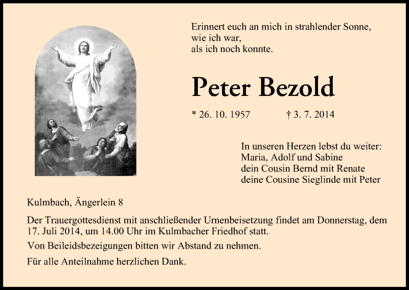  Traueranzeige für Peter Bezold vom 15.07.2014 aus MGO