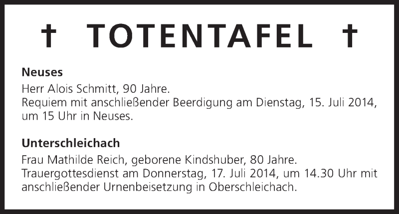 Traueranzeige für Totentafel vom 15.07.2014 vom 15.07.2014 aus MGO