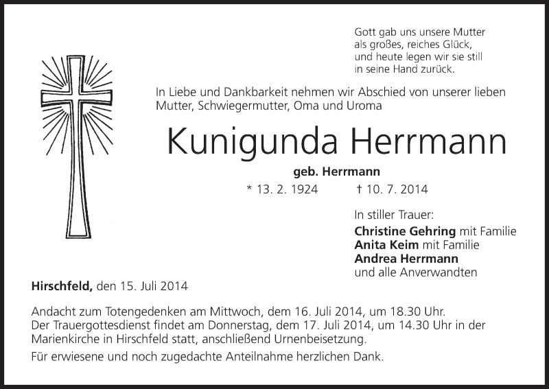  Traueranzeige für Kunigunda Herrmann vom 15.07.2014 aus MGO