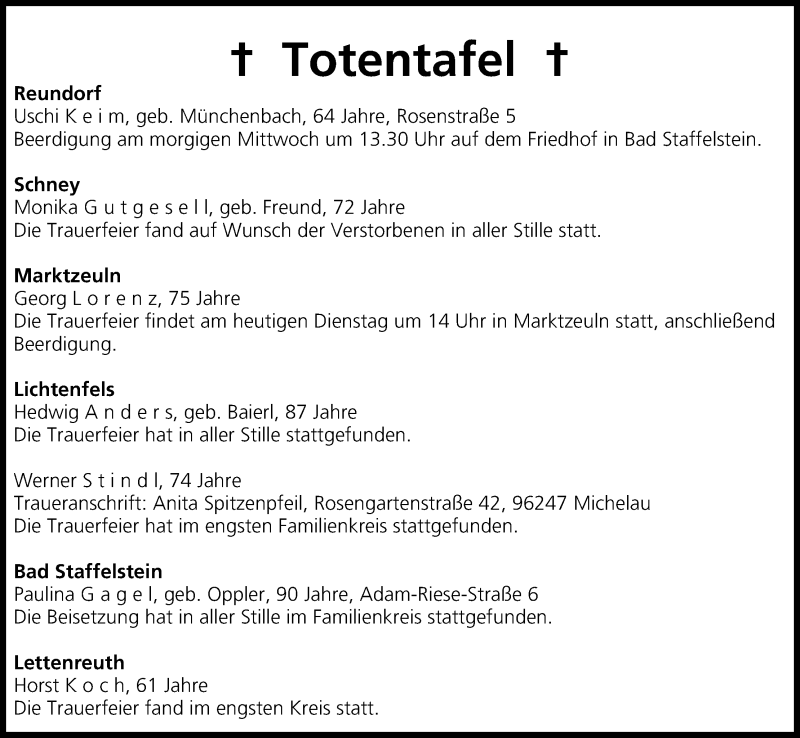  Traueranzeige für Totentafel vom 15.07.2014 vom 15.07.2014 aus MGO