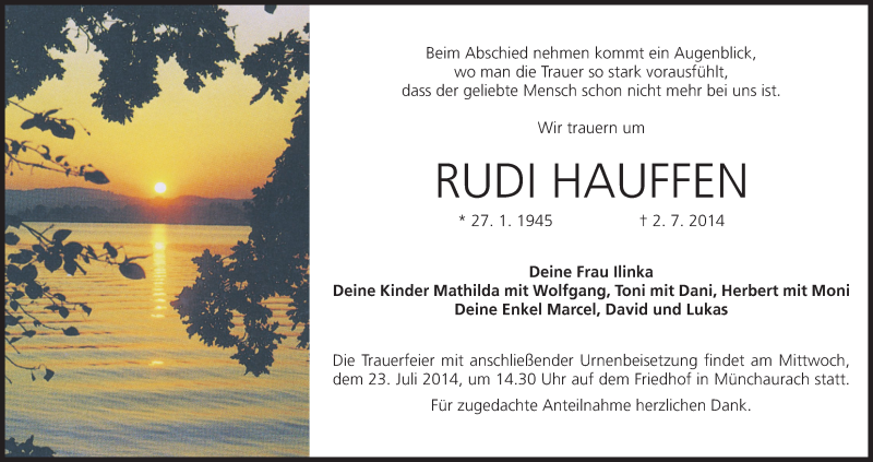  Traueranzeige für Rudi Hauffen vom 19.07.2014 aus MGO