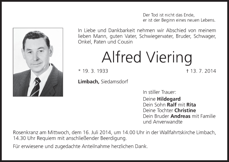  Traueranzeige für Alfred Viering vom 15.07.2014 aus MGO