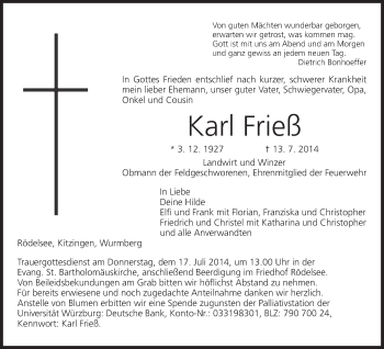 Anzeige von Karl Frieß von MGO