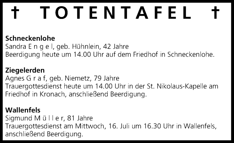  Traueranzeige für Totentafel vom 15.07.2014 vom 15.07.2014 aus MGO