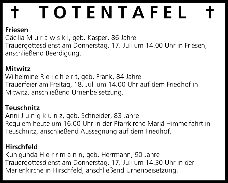  Traueranzeige für Totentafel 16.07.2014 vom 16.07.2014 aus MGO