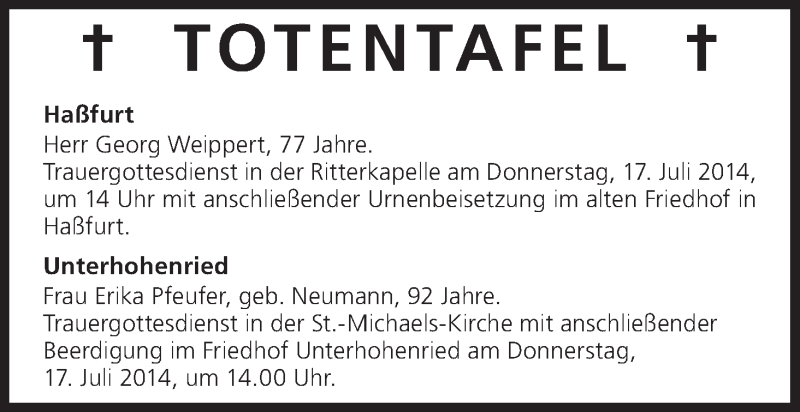  Traueranzeige für Totentafel 16.07.2014 vom 16.07.2014 aus MGO