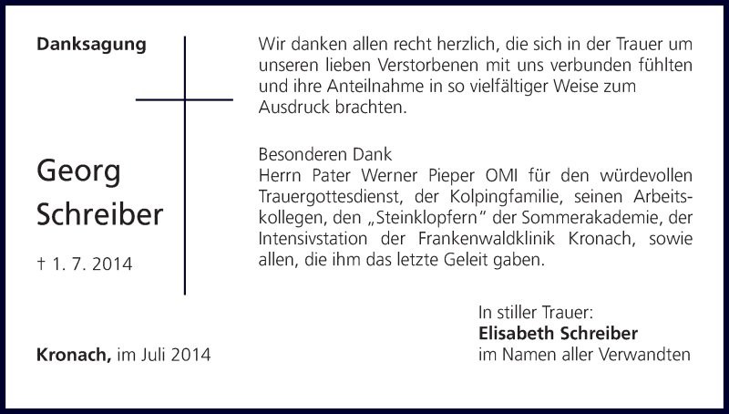  Traueranzeige für Georg Schreiber vom 17.07.2014 aus MGO