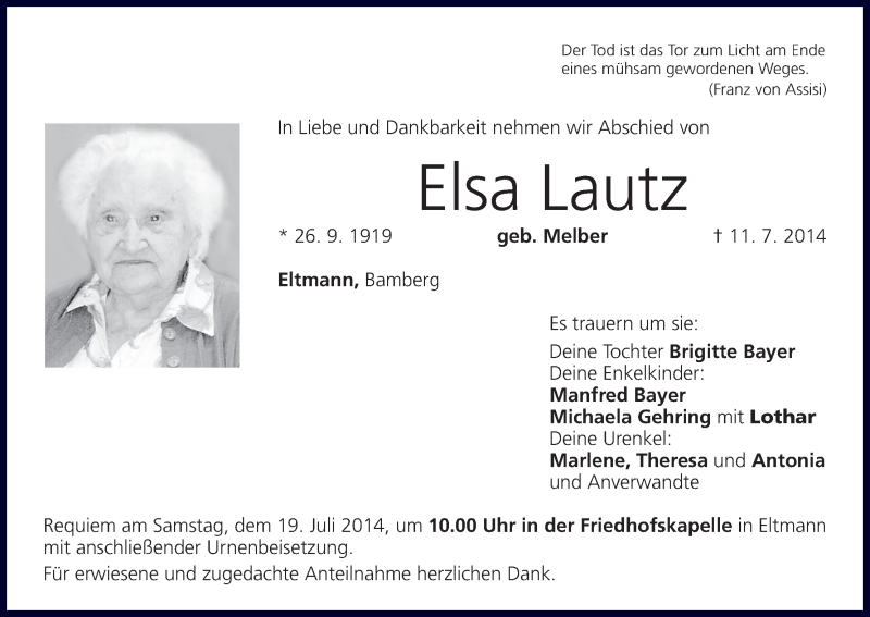  Traueranzeige für Elsa Lautz vom 17.07.2014 aus MGO