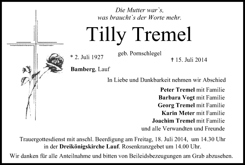  Traueranzeige für Tilly Tremel vom 17.07.2014 aus MGO