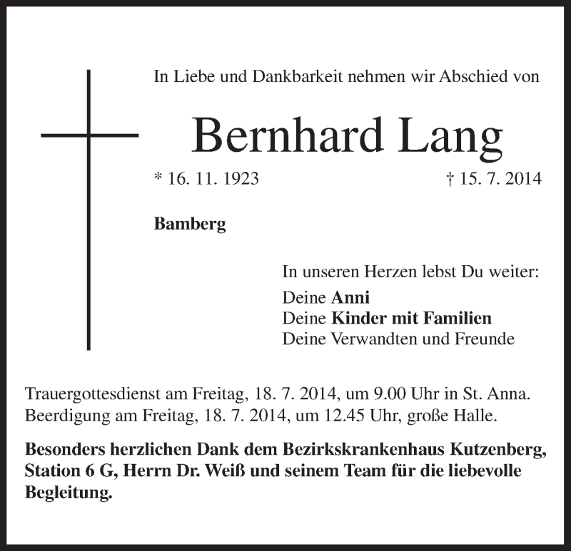  Traueranzeige für Bernhard Lang vom 17.07.2014 aus MGO