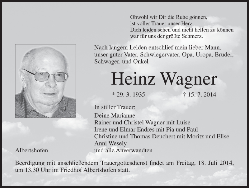  Traueranzeige für Heinz Wagner vom 17.07.2014 aus MGO