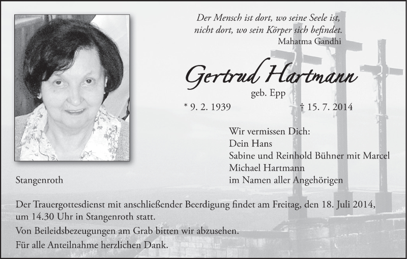  Traueranzeige für Gertrud Hartmann vom 17.07.2014 aus MGO