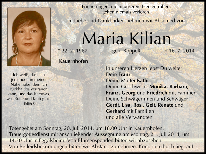  Traueranzeige für Maria Kilian vom 18.07.2014 aus MGO