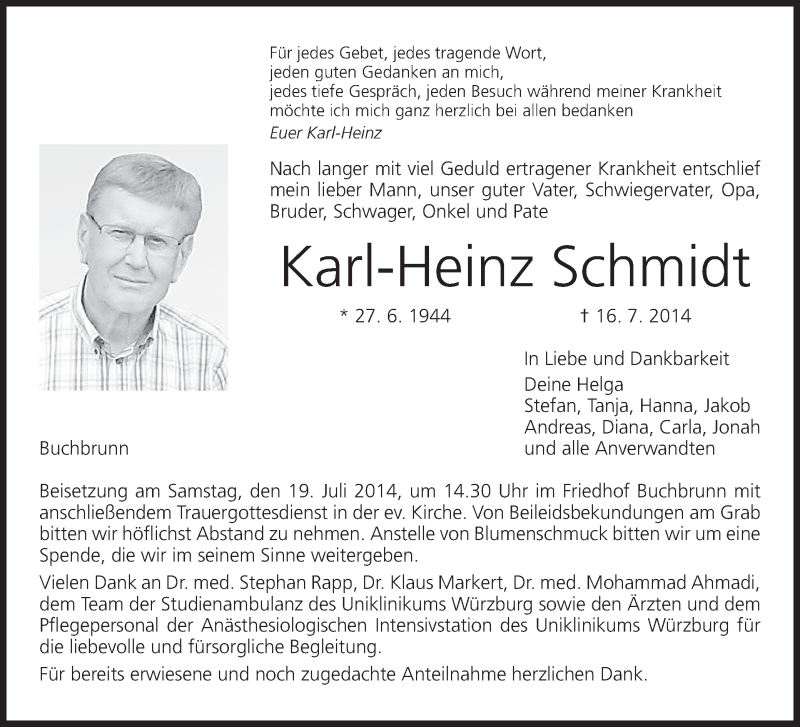  Traueranzeige für Karl-Heinz Schmidt vom 18.07.2014 aus MGO