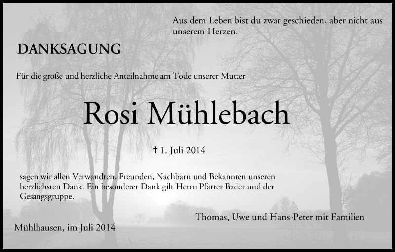  Traueranzeige für Rosi Mühlebach vom 18.07.2014 aus MGO